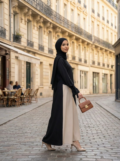 Woman in black hijab and long dress walking on a street with buildings in the background